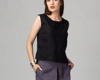 READY TO SHIP Black High-Low Linen Top | Sleeveless Linen Top | Cropped Linen Blouse | Loose Fitting Linen Top for Women