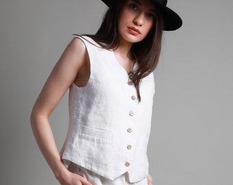 Loose Fit Linen Waistcoat EVE for Women with Adjustable Back Ties, KNOTIUM Linen Clothing