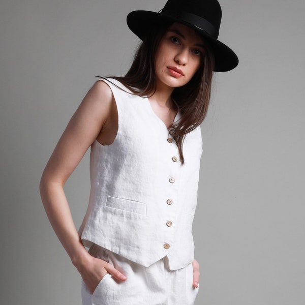 Loose Fit Linen Waistcoat EVE for Women with Adjustable Back Ties, KNOTIUM Linen Clothing