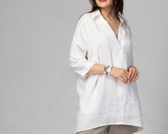 Tunique ample en lin blanche avec poches latérales | Chemise tunique en lin | Haut en lin durable | Chemisier oversize en lin