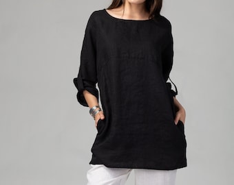 PRÊT À EXPÉDIER Tunique surdimensionnée en lin noire avec poches latérales, tunique en lin décontractée, chemise en lin grande taille, chemise à col large