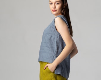 High-Low Sleeveless Linen Top | Pure Linen Cropped Shirt | Summer Linen Tank | Blue Fog Linen Top for Women | Ethical Linen Clothing