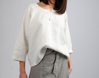 QUIET Relaxed Linen Raglan Blouse with Long Sleeves , Basic Linen Top, Split Neck Linen Shirt, Knotium Linen Clothing