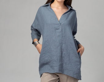 READY TO SHIP Light Blue Loose Linen Tunic Shirt with Side Pockets. Linen Tunic Shirt, Oversized Linen Blouse, Handmade Clothing Linen