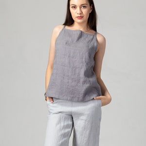 Gewaschenes Aschgraues Leinen Camisole Top: Spaghetti Strap Sommer Cami