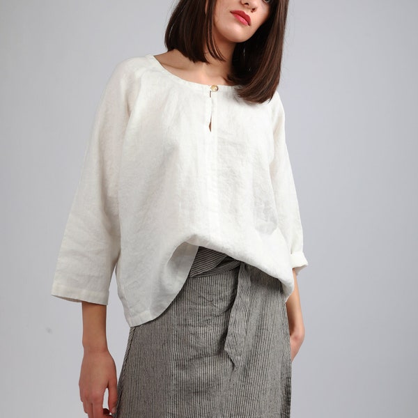 QUIET Relaxed Linen Raglan Blouse with Long Sleeves , Basic Linen Top, Split Neck Linen Shirt, Knotium Linen Clothing