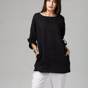READY TO SHIP Oversized Black Linen Tunic with Side Pockets, Relaxed Linen Tunic, Plus Size Linen Shirt, Wide Neck Shirt