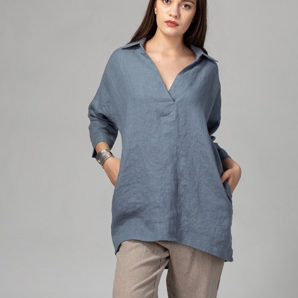 READY TO SHIP Light Blue Loose Linen Tunic Shirt with Side Pockets. Linen Tunic Shirt, Oversized Linen Blouse, Handmade Clothing Linen