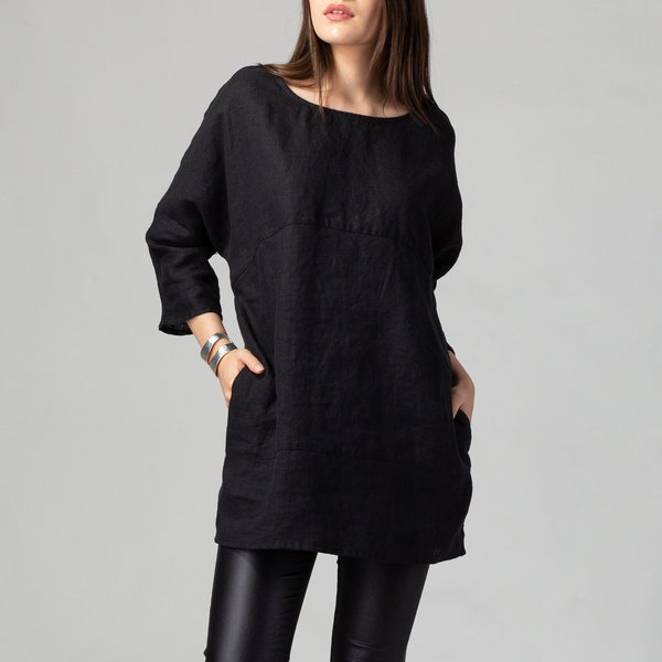 REYA Tunique en lin noir surdimensionnée avec poches latérales et manches à épaules tombantes, tunique en lin décontractée, vêtements en lin faits à la main, taille Plus
