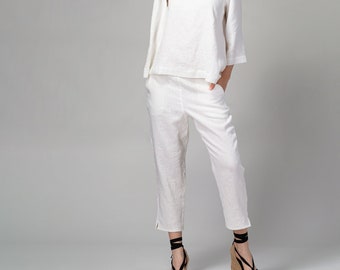 READY TO SHIP White Tapered Linen Pants | Linen Pants for Women | Ankle Length Linen Pants | Lounge Linen Pants | Linen Capris