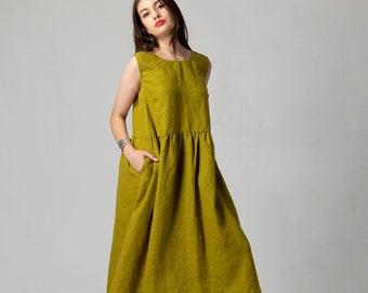 READY TO SHIP Flor Midi Smocked Dress Women, Smocking Dress, Linen A Line Dress, Mustard Midi Linen Dress, Summer A Dresses