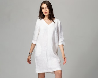 READY TO SHIP  Linen dress with pockets - split neck dress - linen dress with 3/4 sleeve -linen white dress - linen shift dress
