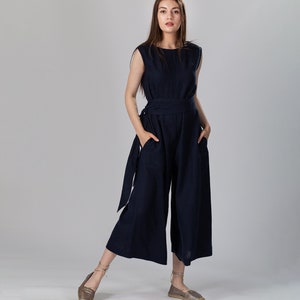 FREE Oversized Wide Leg Linen Jumpsuit | Wide Linen Overalls with Belt and Side Pockets | V-Neck Linen Romper | Linen Playsuit