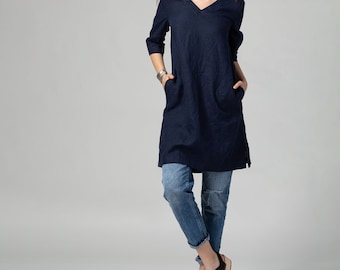 READY TO SHIP  Short V-Neck Linen Dress Night Blue | Washed Linen Dress with Pockets