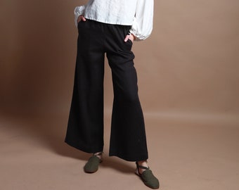 FLORENCE Wide Linen Pants with Side Pockets, Basic Linen Trousers for Women | Flared Linen Palazzos, Handmade Linen Pants,  Knotium Clothing