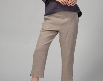 READY TO SHIP Linen Tapered Pants Natural | Low Rise Linen Pants | Pure Linen Pants | Linen Lounge Pants | Cropped Linen Pants