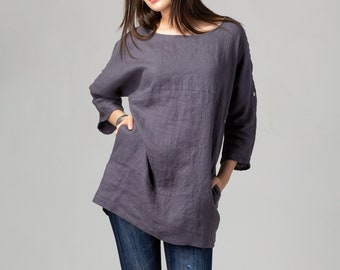 READY TO SHIP Oversized Dark Gray Linen Tunic with Side Pockets, Relaxed Linen Tunic, Plus Size Linen Shirt, Everyday Tunic