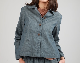 TOUJOURS Cárdigan de lino recortado / Camisa con botones de lino / Chaqueta de lino de otoño / Camisa de lino de mezclilla recortada para mujer / Blazer de lino de verano