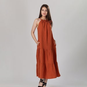 RIO Halter Neck Linen Dress with Ruffles | Summer Linen Dress with Pockets | Tie Shoulder Maxi Linen Dress | Linen Clothing for Women