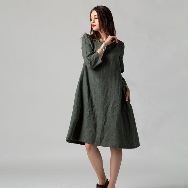 VERSANDFERTIG: Wren Grünes Leinen-Midikleid mit Taschen, locker ausgestellte Leinentunika, Herbstleinenkleidung, minimalistisches schlichtes Kleid