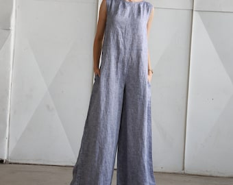 Tuta lunga oversize in lino CHLOE, tuta senza maniche, tuta lunga e ampia in lino, abbigliamento autunnale fatto a mano, tuta minimalista, KNOTIUM