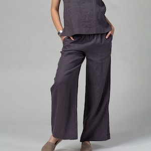 Loose Linen Pants Dark Gray | Women Linen Clothing | Linen Loungewear | High Rise Linen Pants | Summer Linen Pants | Boho Linen Pants