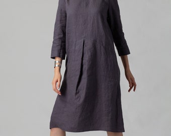 READY TO SHIP Abby Dark Gray Midi Linen Box Pleat Dress with Pockets, Fall Winter Linen Dress