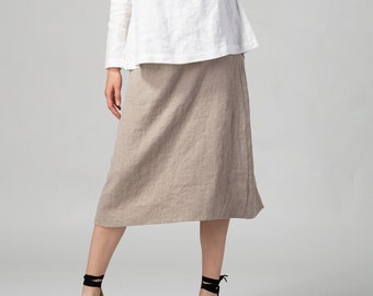 Natural Linen A-Line Skirt | Midi Linen Skirt | Summer Linen Skirt | Linen Skirt with Elasticated Back | Pure Linen Skirt