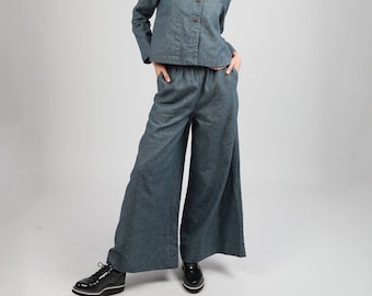 KOKO Extra Wide Leg Cotton Linen Denim Pants with Pockets, Boho Linen Pants, Linen Trousers Women, KNOTIUM Linen Clothing