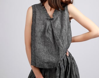 CLEO Cropped Linen Top with Ruffled V-Neck and Front Pleat, KNOTIUM Linen Clothing