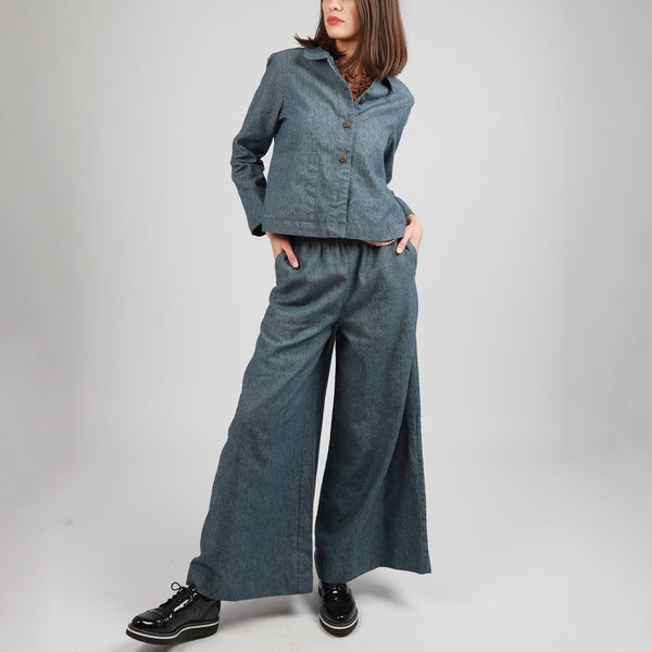 KOKO Extra Wide Leg Cotton Linen Denim Pants with Pockets, Boho Linen Pants, Linen Trousers Women, KNOTIUM Linen Clothing