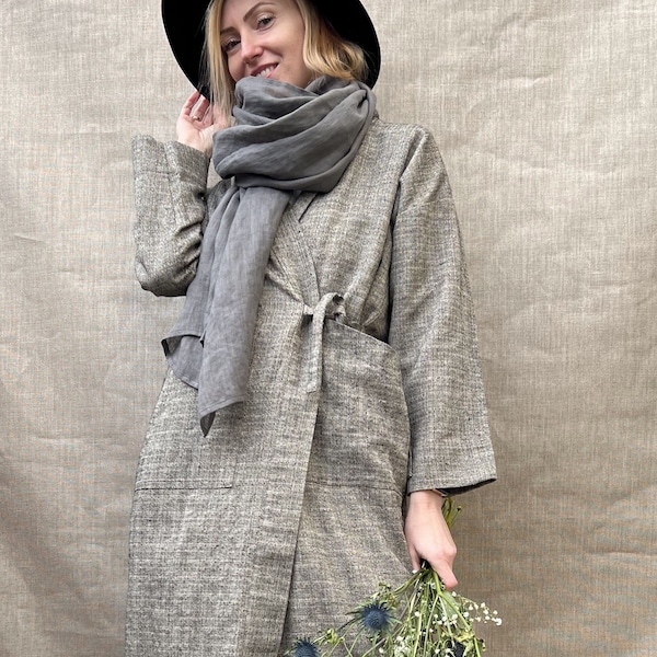 KIM Cotton Linen Blend Kimono Coat, Women Linen Duster Coat, Loose Linen Cardigan, Long Kimono Jacket Women, Ethical Clothing