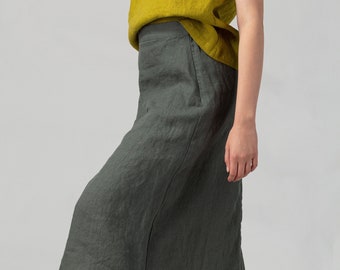 Forest Green Linen Skirt | A Line Linen Skirt | Minimalist Linen Skirt | Side Zipper Linen Skirt | Washed Linen Skirt | Fitted Linen Skirt