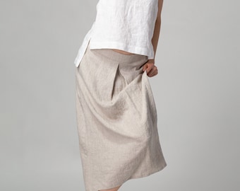 Box Pleat Nature Linen Skirt | Wide Linen Skirt | Trapeze Linen Skirt | Linen Skirt with Pockets | Urban Linen Skirt | Everyday Linen Skirt