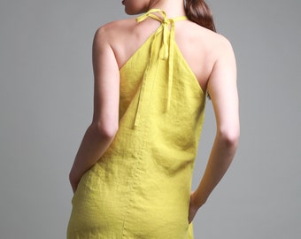 Open Back Linen Midi Dress: Halter Neck Summer Dress With Pockets