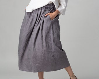 Ash Grey Long Linen Skirt | Maxi Washed Linen Skirt | Drawstring Linen Skirt | Boho Style Linen Skirt | Gathered Linen Skirt | Pure Linen