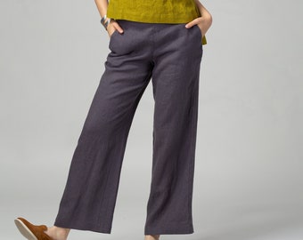 Pantalones de lino gris oscuro / Pantalones de lino rectos / Pantalones de lino de pierna ancha / Pantalones de lino básicos / Pantalones de lino relajados / Ropa de lino para mujer