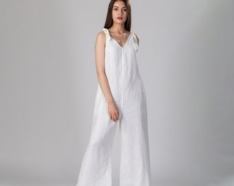 ELENI Wide Leg Linen Jumpsuit with Side Pockets | White Linen Overalls | Sleeveless Linen Playsuit | Ethical Linen Clothing