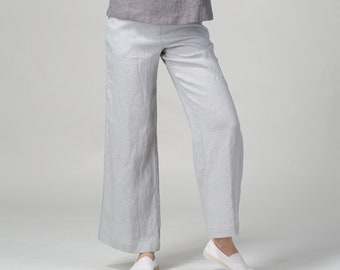 Light Grey Straight Linen Pants | Long Linen Trousers | Elasticated Linen Pants | Office Linen Pants | Linen Clothing | Certified Linen