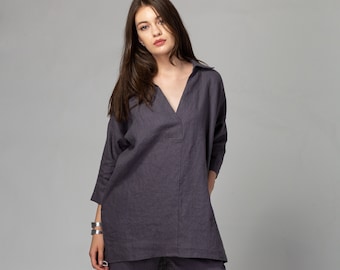 PRÊT À L'EXPÉDITION Tunique ample gris foncé en pur lin | Tunique en lin avec poches latérales | Chemise tunique en lin | Vêtements en lin