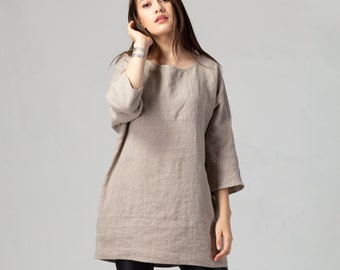 Tunique ample en lin REYA, robe chemise avec poches dans les coutures, vêtements en lin naturel, haut oversize en lin fait main, haut urbain en lin durable