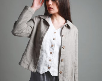 TOUJOURS Cropped Linen Cardigan | Linen Button Down Shirt | Summer Linen Jacket | Cropped Linen Shirt for Women | Summer Linen Blazer