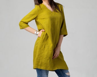 READY TO SHIP Short V-Neck Mustard Linen Dress With Pockets, Short Straight Linen Dress, Relaxed Linen Tunic, Linen Clothing Women