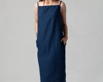 READY TO SHIP Navy Blue Summer Linen Tank Dress, Linen Spaghetti Strap Dress, Sleeveless Linen Dress with Pockets, Linen Cami Dress