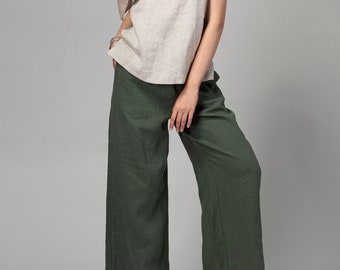 Loose Linen Pants Forest Green | Green Linen Pants | Wide Linen Pants | Linen Pants with Pockets