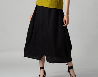 READY TO SHIP Black Linen Bubble Skirt, Maxi Linen Skirt, Heavy Linen Skirt, Linen Tulip Skirt, Natural Linen Clothing