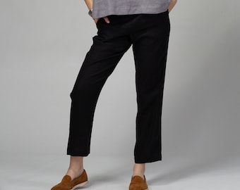 Linen Tapered Pants in Ankle Length with Side Pockets, Flat Waist Pants