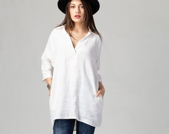 READY TO SHIP White Loose Linen Tunic with Side Pockets | Linen Tunic Shirt | Sustainable Linen Top | Oversized Linen Blouse