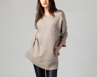 PRÊTE À EXPÉDIER Tunique ample en lin Reya, robe chemise avec poches dans la couture, haut oversize fait main en lin, haut urbain durable en lin