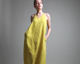 Ready to Ship, Size XS, Color Lemon Yellow - SIERRA Open Back Linen Midi Dress: Halter Neck Summer Dress with Pockets